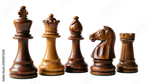 Wooden chess pieces, king queen bishop knight rook for board game strategy and design