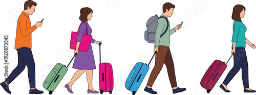 Travelers, walking, with, luggage, illustration, people, using, smartphone, airport, journey, travel, concept, modern, lifestyle, tourism, business, trip, vector, design, movement
