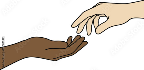 Two diverse hands reaching out toward each other in a supportive gesture of unity connection and teamwork over white background