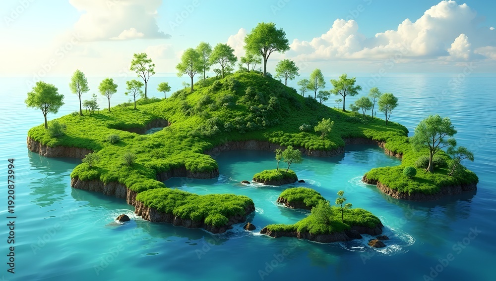 Obraz premium Conceptual topographic map of Southeast Asia made of green moss and plants on water.
