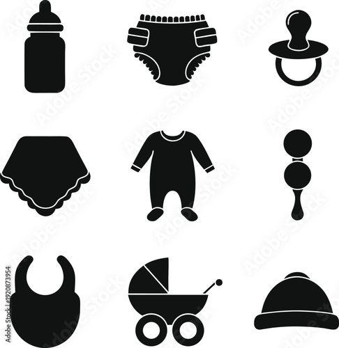 Black and white of baby including bottle, diaper, pacifier, bib, onesie, rattle, stroller, and hat