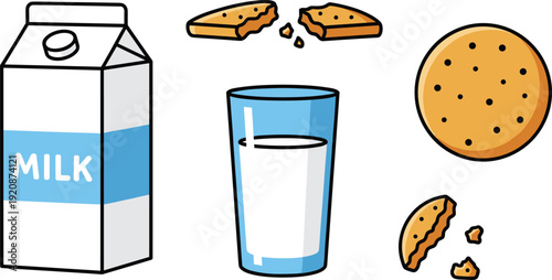 Milk and cookies set with a milk carton, glass of milk and crunchy chocolate chip cookies isolated on white background.