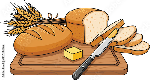 Freshly baked bread set with wheat ears, butter, knife and sliced loaf on wooden cutting board isolated on white background.
