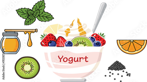 Fruit yogurt bowl set with fresh strawberries, kiwi, blueberries, honey jar, orange slice and mint isolated on white background.