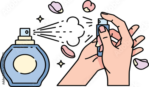 Perfume set with fragrance bottle, hands spraying perfume, floral petals and aromatic scent icons on white background.