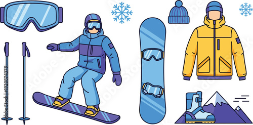 Snowboarding set with a snowboarder, winter jacket, goggles, snowboard, ski poles and mountain icons on white background.