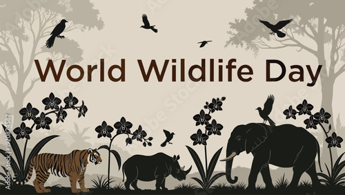 Landscape silhouette for world wildlife day featuring tiger rhino and elephant in jungle setting with birds and orchid flowers for nature conservation awareness
