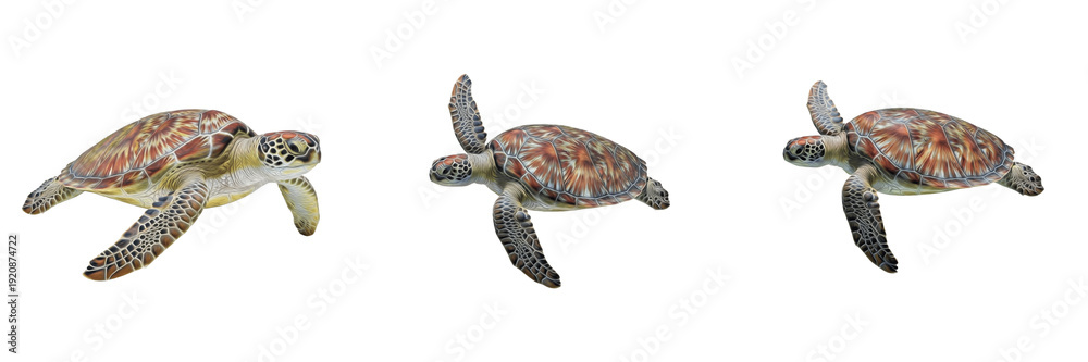 Fototapeta premium Sea turtle isolated on white background, Cheloniidae, marine turtle, underwater turtle photography, soft-bodied marine animal, ocean wildlife photo, turtle closeup, ocean ecosystem, marine reptile