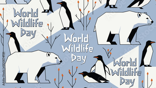 Geometric arctic pattern for world wildlife day with polar bears and penguins on blue and white background celebrating polar animals and climate change awareness