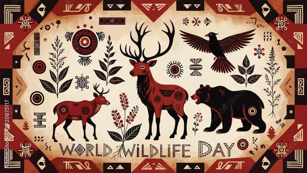 Fototapeta premium World wildlife day banner with deer, bear, and raven in folk art style, celebrating indigenous culture and animal preservation