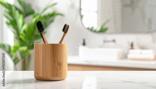 Two eco-friendly bamboo toothbrushes in a wooden holder on a white marble bathroom counter with a blurred green plant.