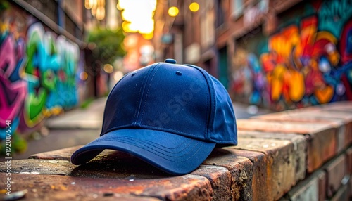 A plain dark blue baseball cap rests on a textured brick wall in an urban alleyway with vibrant graffiti art.