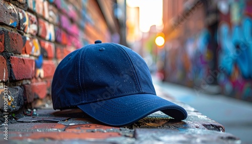 A plain dark blue baseball cap sits on a textured brick ledge within a vibrant, graffiti-filled urban alleyway.
