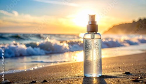 A clear spray bottle on a sun-drenched beach with ocean waves and a stunning sunset.