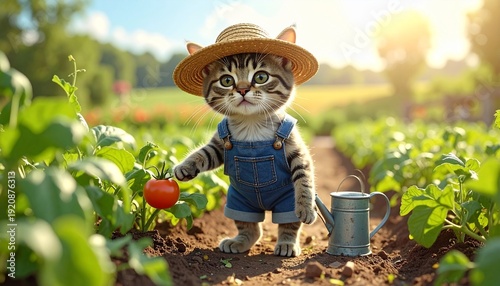A charming tabby cat dressed as a farmer, complete with a straw hat and overalls, proudly holds a freshly picked tomato in a vibrant garden under the sun.