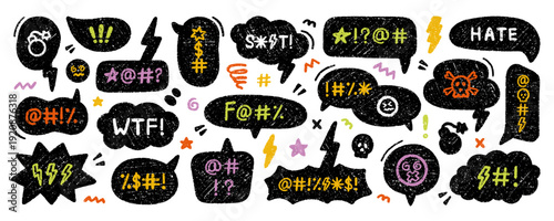Comic crayon speech bubble with swear word and hate doodle. Hand drawn chalk grumpy text balloon with curse or insult in sketch style. Pencil rude profanity censorship in scribble talk cloud