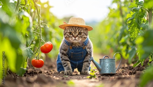 A charming tabby cat in a straw hat and overalls sits in a sunlit garden beside a watering can, surrounded by growing tomato plants.