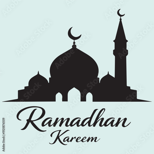 Minimalist black silhouette of mosque with crescent moon and minaret, isolated on white background, with “Ramadhan Kareem” lettering. Islamic holiday greeting design for Ramadan celebration
