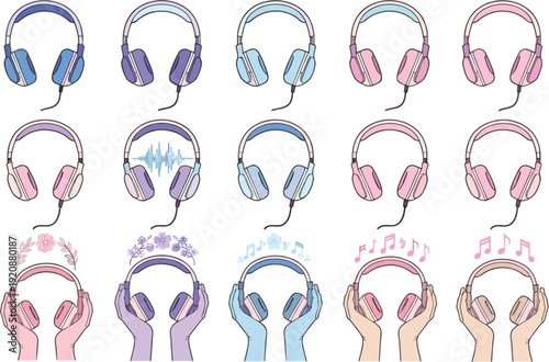Flat vector set of colorful pastel headphones with wired connections hands holding earphones and musical notes for podcasting music listening entertainment and creative audio equipment design