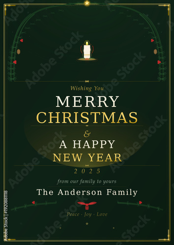 An elegant, print-ready Christmas holiday card template set on a rich deep forest green background with a dramatic pine bough arch, illustrated pillar candle centerpiece, holly berries, red satin bow