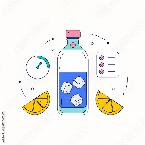 Minimal flat vector illustration of hydration habit, reusable water bottle, lemon slices, clock icon, checklist, light background, clean composition, health lifestyle concept, isolated objects, modern