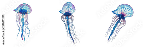 Portuguese man-of-war isolated on white background, Physalia physalis, marine siphonophore, venomous colonial organism, ocean jelly, underwater wildlife, man-of-war closeup, ocean ecosystem, marine