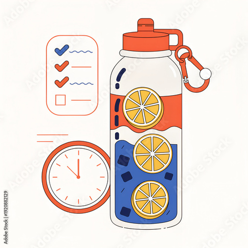 Minimal flat vector illustration of hydration habit, reusable water bottle, lemon slices, clock icon, checklist, light background, clean composition, health lifestyle concept, isolated objects, modern