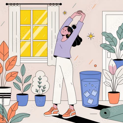 Clean flat vector illustration of a healthy morning routine, woman stretching near window with sunlight, glass of water, yoga mat, indoor plants, minimal modern interior, soft pastel color palette, we