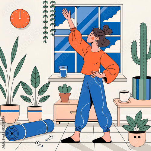 Clean flat vector illustration of a healthy morning routine, woman stretching near window with sunlight, glass of water, yoga mat, indoor plants, minimal modern interior, soft pastel color palette, we