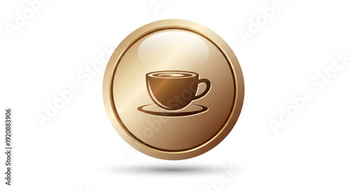 Golden coffee cup icon on a circular badge with a saucer symbolizing luxury and morning routine