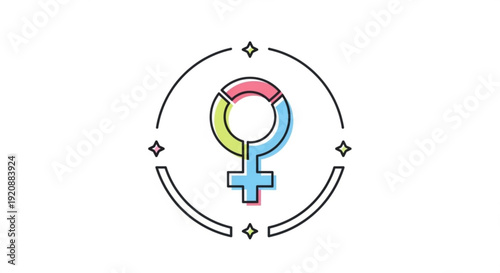 Vibrant female symbol with colorful pie chart and sparkles on white background for gender equality concepts