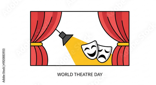 Theatrical masks under spotlight on stage with red curtains for world theatre day celebration