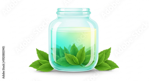 Herbal liquid extract in a glass jar with green leaves on a white background for natural remedy and wellness concepts