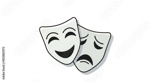 Theater masks symbolizing comedy and tragedy drama and performance art white masks with black outlines on a plain white background