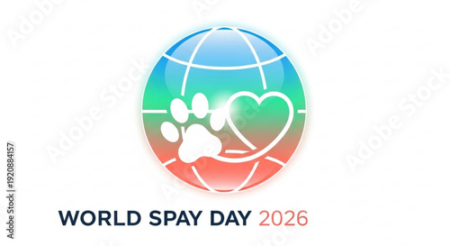 World spay day 2026 logo with globe pet paw and heart symbolizing animal welfare and compassion in a colorful design