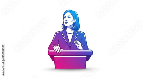 Businesswoman giving presentation at colorful podium in office setting with blue hair and purple suit