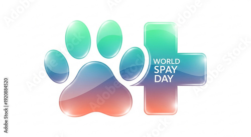 Vibrant world spay day illustration with gradient paw print and medical cross symbolizing animal welfare and pet care awareness