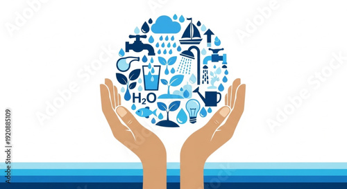 World Water Day Hands gently holding a sphere of diverse water icons, symbolizing global water conservation, sustainable resource management, and environmental care for future generations