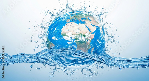 World Water Day Planet Earth submerged in a refreshing splash of clear water, symbolizing hydration and environmental preservation