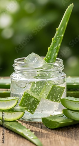 Refreshing glass jar of aloe vera gel and sliced leaves on a wooden table for holistic beauty and wellness.