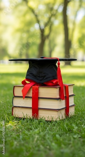 Academic graduation cap and books tied with a red ribbon displayed outdoors on grass for a student celebration.
