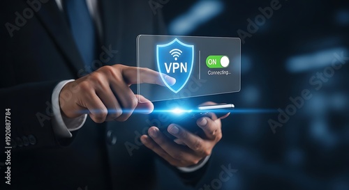 Modern technology concept showcasing mobile internet security with a bright blue VPN logo and green active toggle switch.