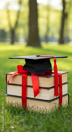 A graduation cap rests on a stack of books tied with a red ribbon on green park grass.