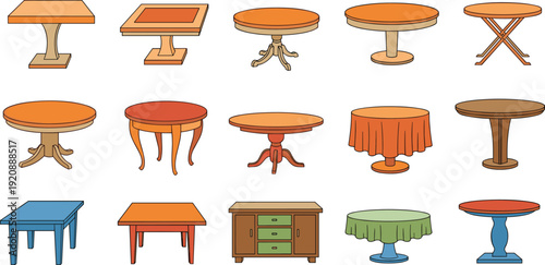 Wooden Table Furniture Icon Set with Round, Square, and Foldable Desk Designs for Interior House Planning, Architectural Floor Plans, Living Room Decor, and Office Layouts