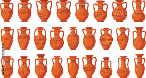 Large Collection of Ancient Greek Amphorae and Terracotta Pottery Vases with Traditional Patterns for History Education, Museum Exhibits, Archaeology Graphics, and Mediterranean Decor
