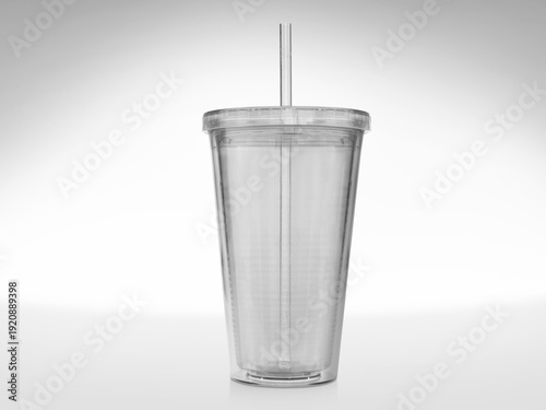 Transparent plastic cup with clear straw, isolated on white background. Clean reusable drinkware mockup ideal for branding, packaging design, advertising, and beverage presentation.