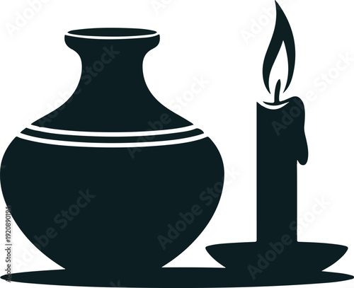 Ancient amphora vase and burning candle on saucer, representing time, memory, and light, dark background