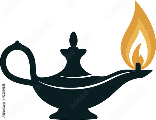 Oil lamp silhouette with burning flame icon for lighting and traditional middle eastern illumination