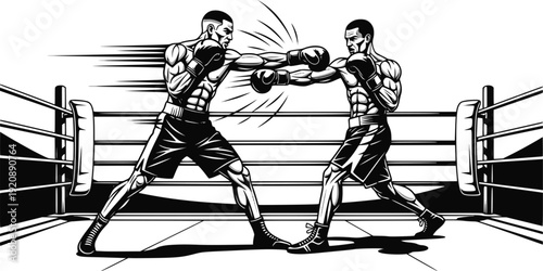 Two professional boxers sparring in the ring illustration: Design for boxing gym posters, martial arts event flyers, or sports news articles. Transparent background EPS version.