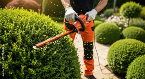 Detail Shot of Worker Shaping Garden Shrubs Using Electric Hedge Trimmer Outdoors